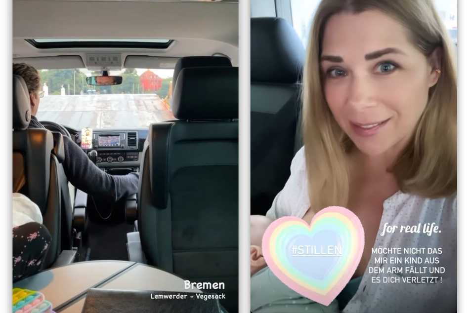 Tanja Szewczenko (43) zeigt sich in einer Instagram-Story beim Stillen während einer Autofahrt. (Fotomontage)