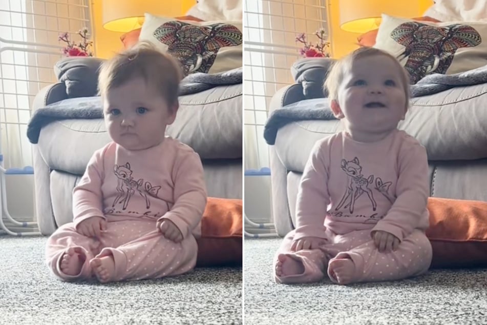 Lillie (7 Monate) sitzt bedröppelt da, als ihre Mama weg ist. Kaum sieht sie den wichtigsten Menschen in ihrem Leben wieder, strahlt das Baby über beide Ohren.