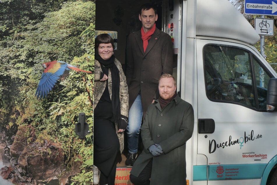 Sozialarbeiterin Rike Lehmbach (v.l.), Bezirksbürgermeister Martin Hikel (38, SPD) und Bezirksstadtrat Hannes Rehfeldt (38, CDU) im Duschmobil.