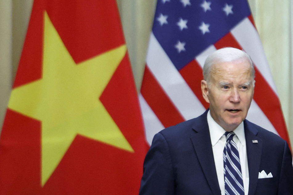 US President Joe Biden speaks during a luncheon with Vietnam's President Vo Van Thuong in Hanoi on September 11, 2023.