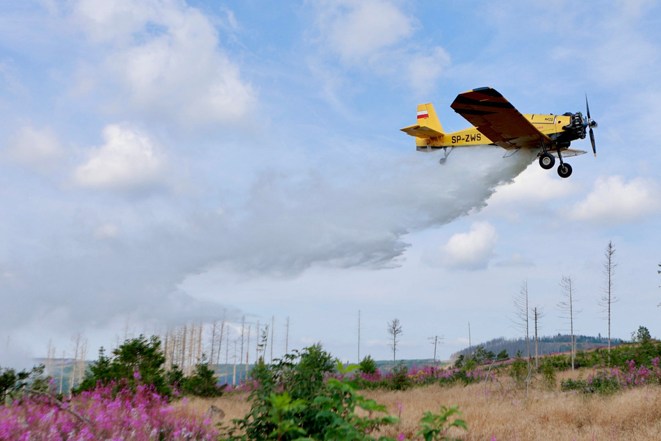 Das Löschflugzeug "Hexe 1" flog mehrmals über das Waldgebiet bei Goslar und verteilte Wasser.