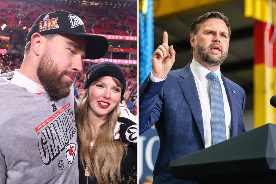 During a recent interview, JD Vance (r.) suggested that Taylor Swift's recent engagement to Travis Kelce (l.) could cause the NFL to become rigged.