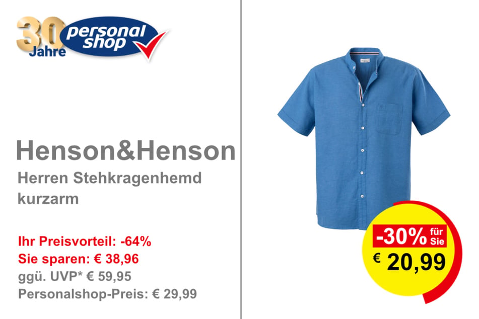 Henson&Henson Herren Stehkragenhemd kurzarm