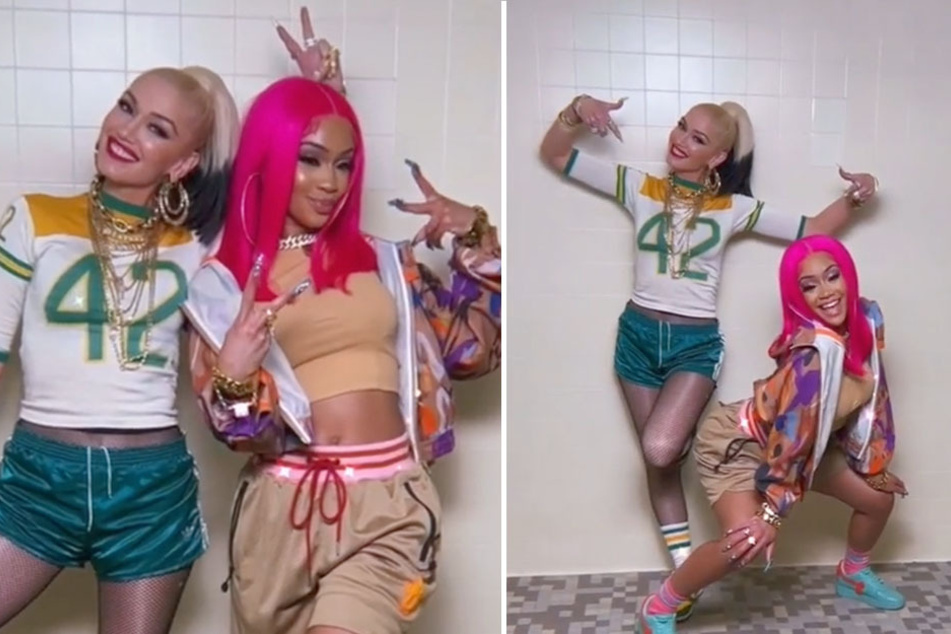 Gwen Stefani (l) and Saweetie (r) pose behind-the-scenes of their latest music video for Slow Clap,