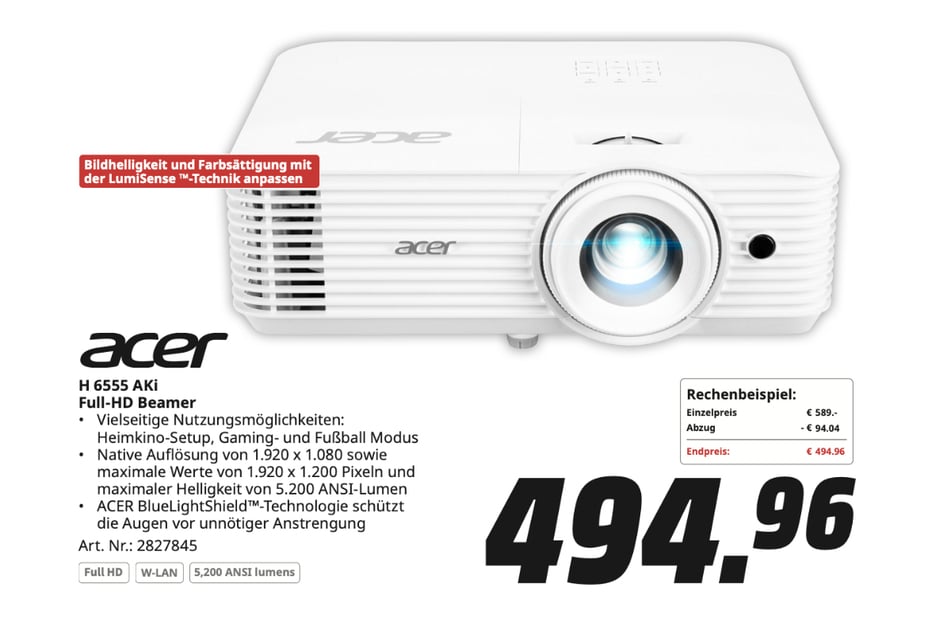 Acer-Beamer H6555AKi B für 494,96 Euro.
