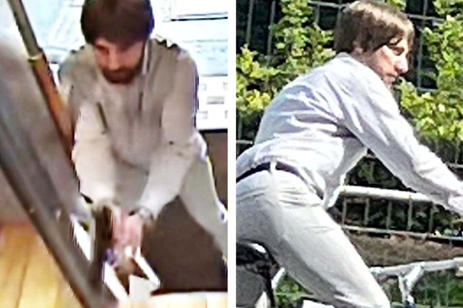Die Montage zeigt links einen Räuber, der mit einer Schusswaffe droht. Auf dem rechten Bild besteigt der Mann ein Fahrrad, mit dem er vom Tatort floh.