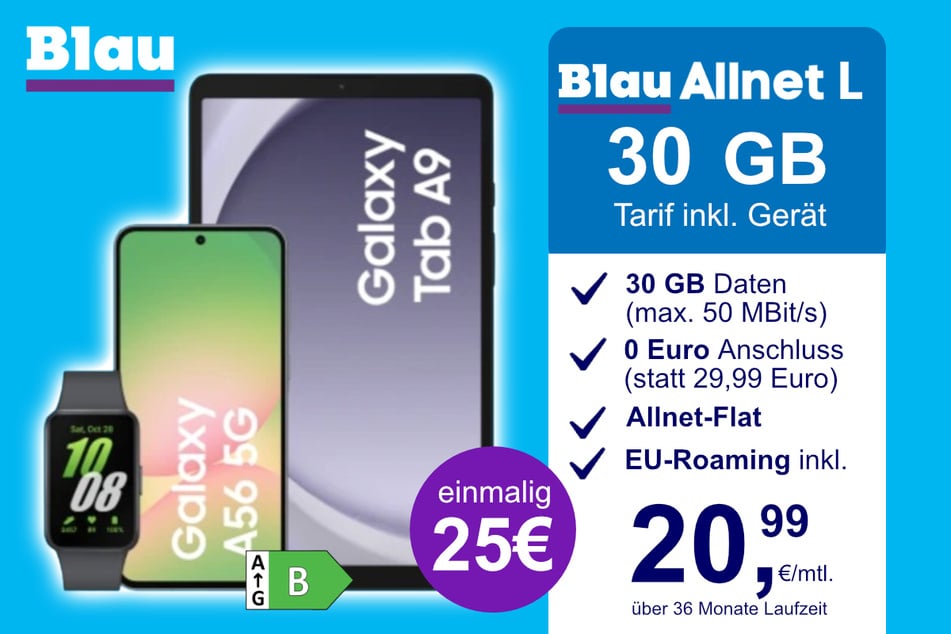 Das Samsung Galaxy A56 + Tab A9 und Fit 3 im Blau Allnet L für einmalig 25 Euro.