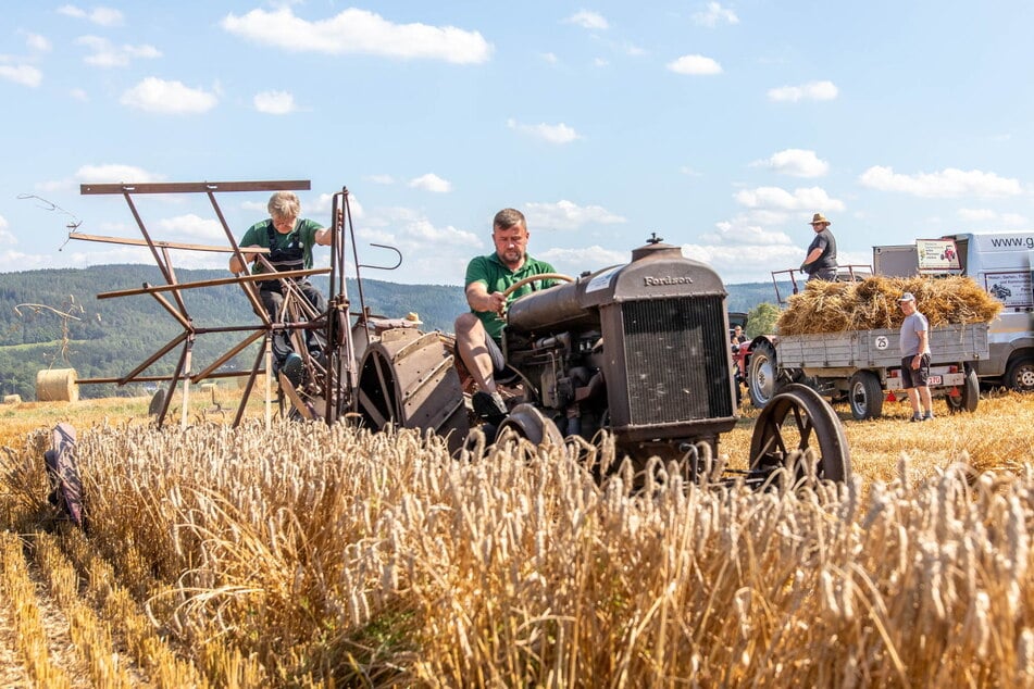 Weizenernte mit einem Fordson F Traktor (1923) und einem Mähbinder (Ende der 30er Jahre).