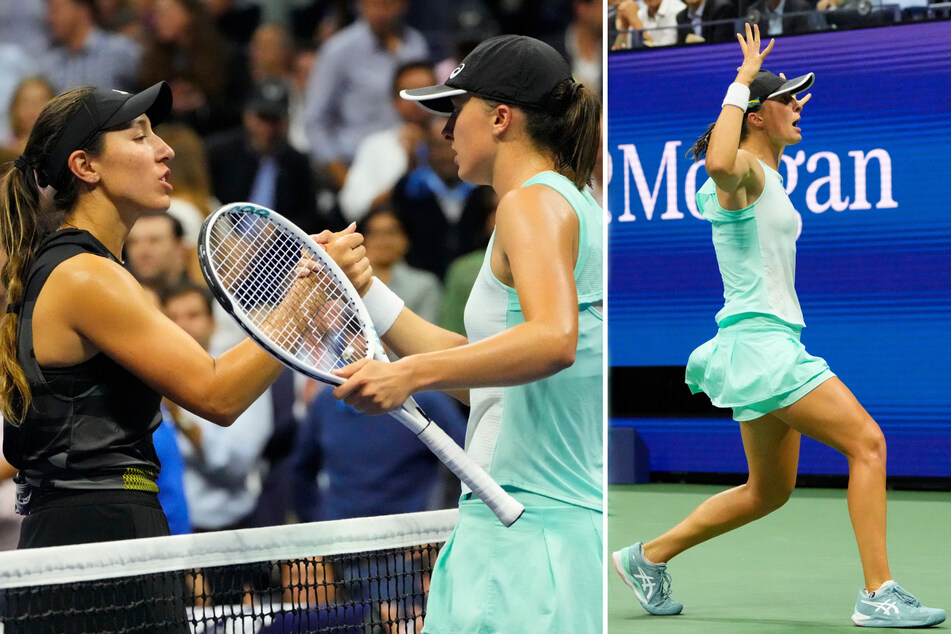 Iga Swiatek of Poland (r.) celebrates and shakes hands with Jessica Pegula of the USA on day ten of the 2022 US Open.