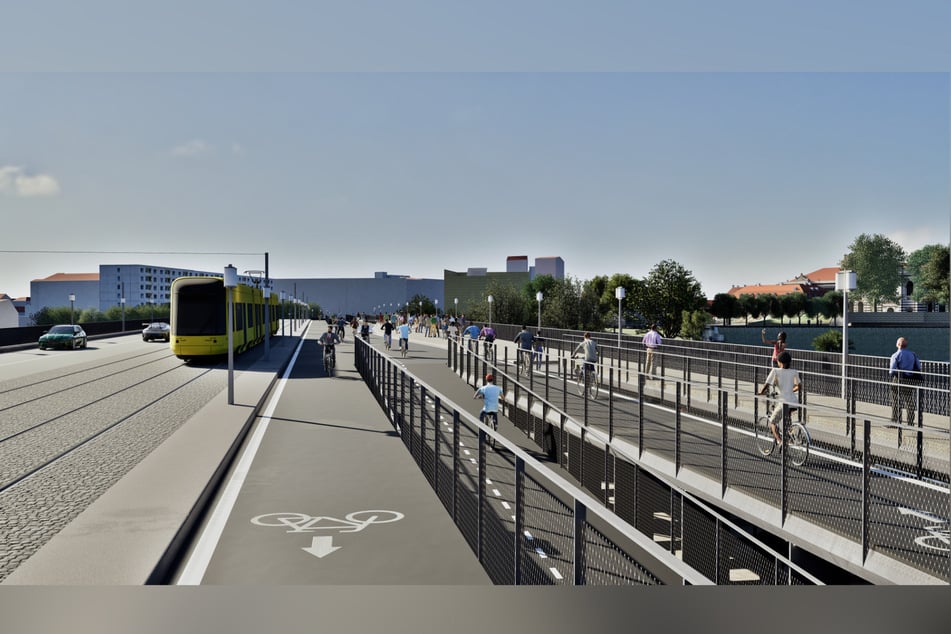 Platz eins mit einem Kompromiss: Zwei Brückenzüge mit insgesamt zwei Fahrspuren für Autos, die aber gegebenenfalls noch zusätzlich das Gleisbett der Straßenbahn nutzen könnten. Rechts der getrennte Bereich für Passanten und Radler.