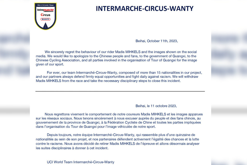 Intermarché-Circus-Wanty machte auf X (ehemals Twitter) klar, dass sie ein weltoffenes Team sind und solche Aktionen nicht tolerieren,