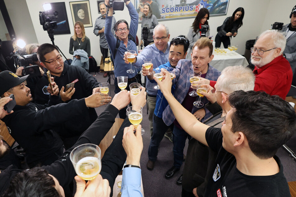 Team members celebrated the Spacecraft Odysseus' landing on the Moon at Scorpius Space Launch Company in California.