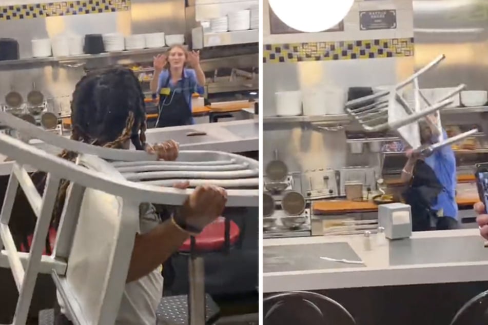 A Waffle House employee impressively swatted away a chair that was thrown at her amid a rowdy brawl at a location in Austin, Texas.