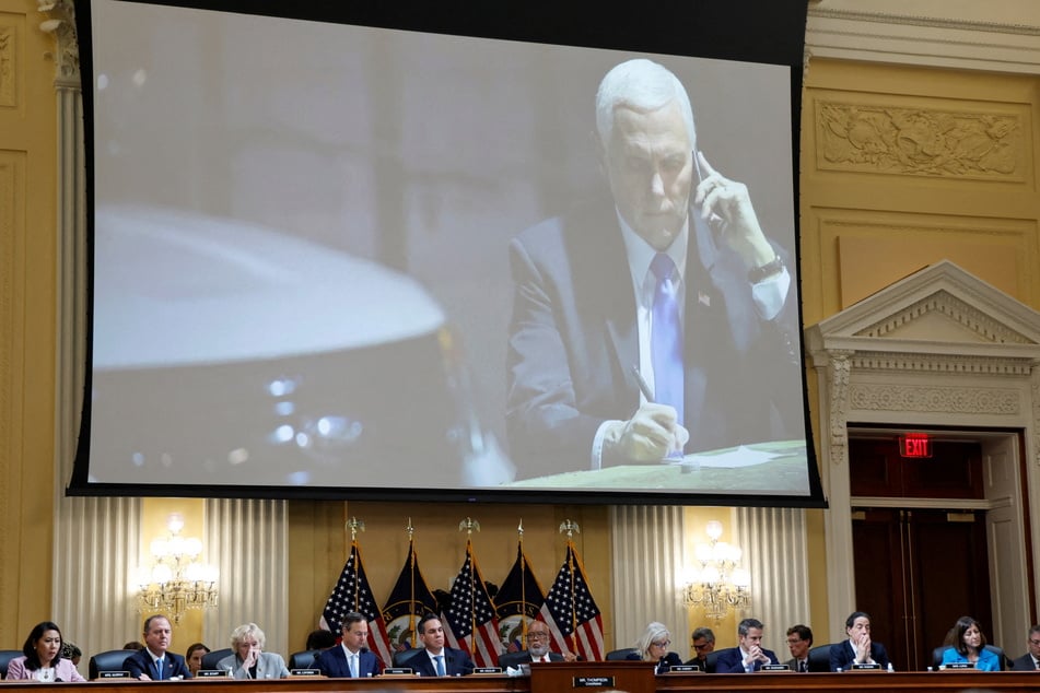 Former VP Mike Pence is shown on the screen during Thursday's January 6 hearing.