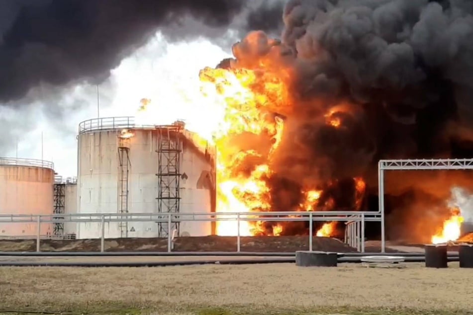 A fire rages at an oil depot in Belgorod, Russia.