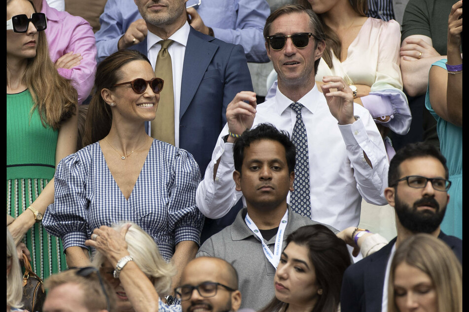Pippa Middleton (37) and husband James Matthews (45) on day eleven of the Wimbledon Tennis Championships in London.
