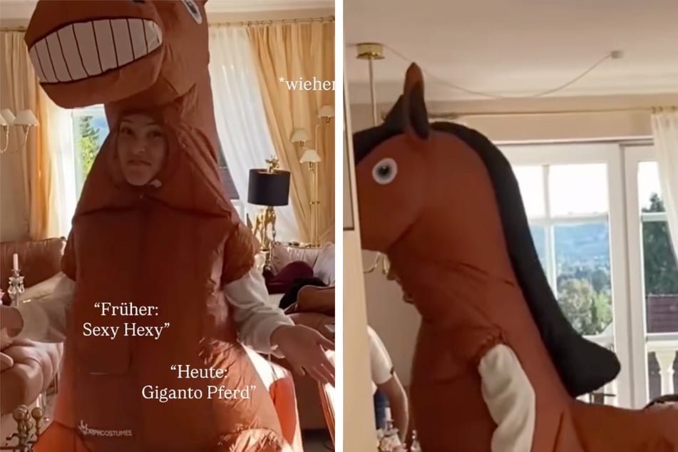 Patrice Aminati (30) galoppierte in einem aufblasbaren Pferdekostüm durch ihr Wohnzimmer.