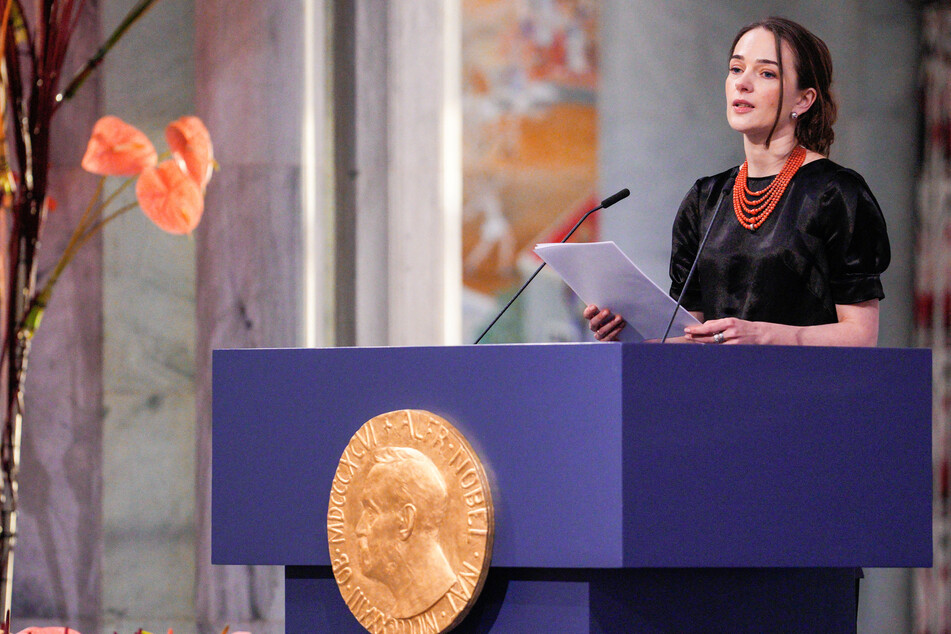 Oleksandra Matviichuk delivers remarks during the awarding of the 2022 Nobel Peace Prize in Oslo City Hall.