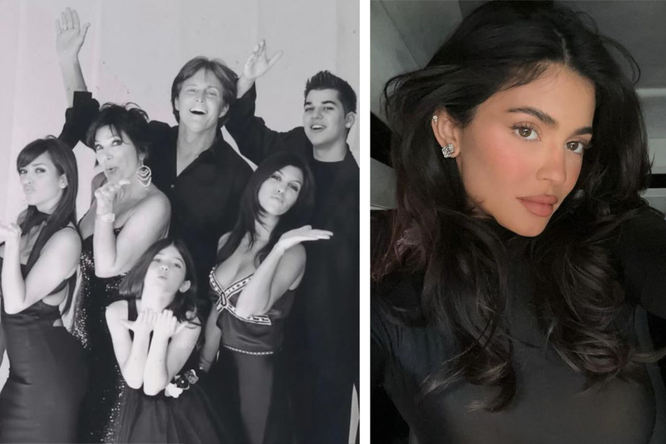 Kylie Jenner (r.) shared a photo of her favorite Kardashian-Jenner Christmas card, which included (clockwise from l. to r.) Kim Kardashian, Kris Jenner, Bruce Jenner (Caitlyn Jenner), Rob Kardashian, Kourtney Kardashian, and little Kylie.