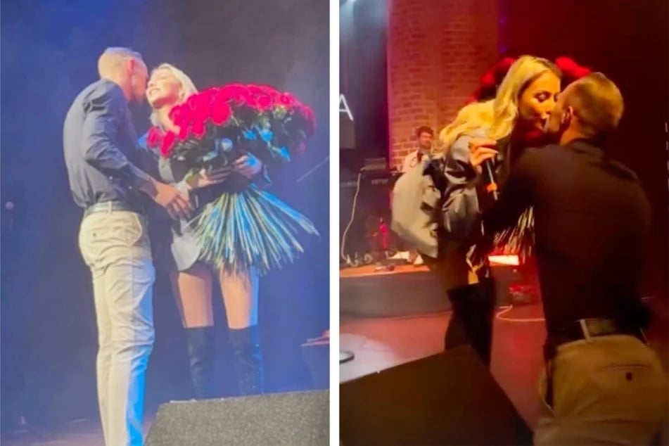Während ihres Jubiläumskonzertes bekam die Sängerin von ihrem neuen Partner einen Strauß Rosen.