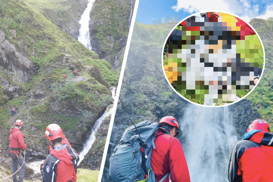 Hund stürzt 60-Meter-Wasserfall hinab, doch Bergretter geben sein Leben nicht auf!