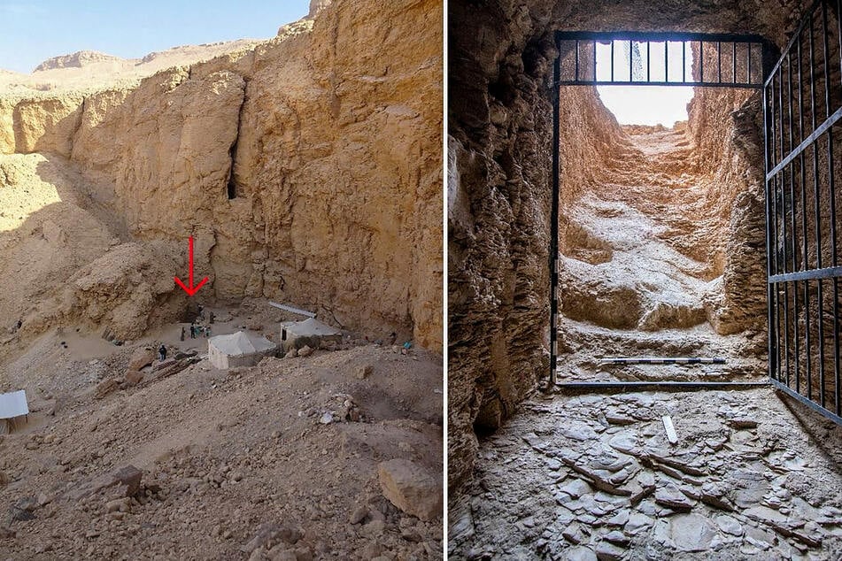 These handout pictures released by the Egyptian Ministry of Antiquities on Wednesday show the entrance to the tomb of King Thutmose II in Luxor in southern Egypt.