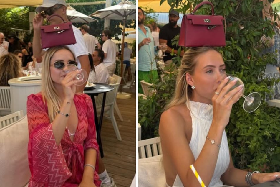 Champagner schlürfen mit Luxus-Handtasche auf dem Kopf: Für Davina (22, l.) und ihre Schwester Shania (20) ist das kein Problem.