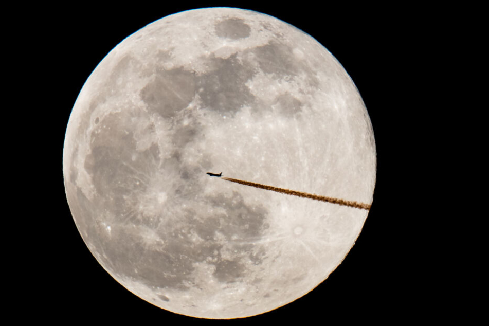 In Bayern (Nürnberg) aufgenommen am 19. Februar 2019: Ein Flugzeug fliegt vor dem Vollmond vorbei.