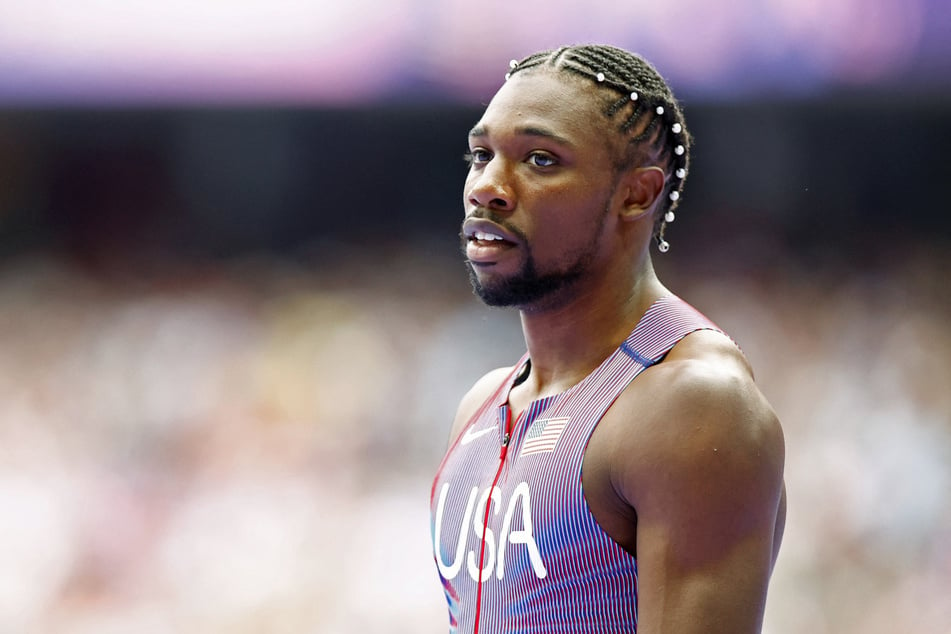 Noah Lyles of Team USA is pictured after finishing second place in heat 3, advancing to the 100m semis at the Paris Olympics.