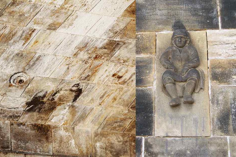 An der Albertbrücke bröckelt es noch an der Unterseite./ Auch ihm geht es 2019 an den Kragen: Da wird das Brückenmännchen wieder aufgehübscht.