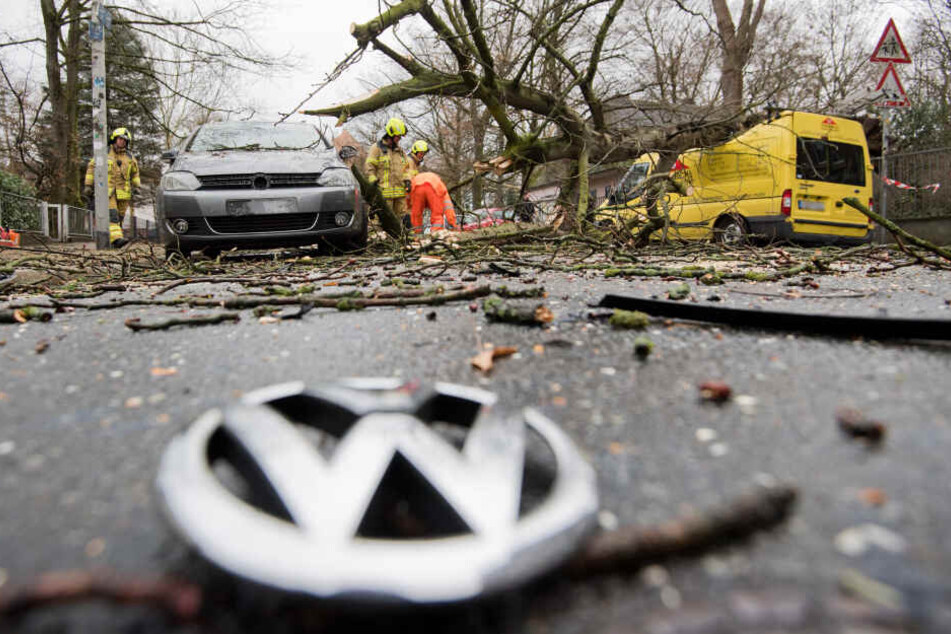 Feuerwehrkräfte bergen in Hannover einen Baum, der während des Sturms auf zwei Fahrzeuge im Stadtteil Linden gestürzt war.