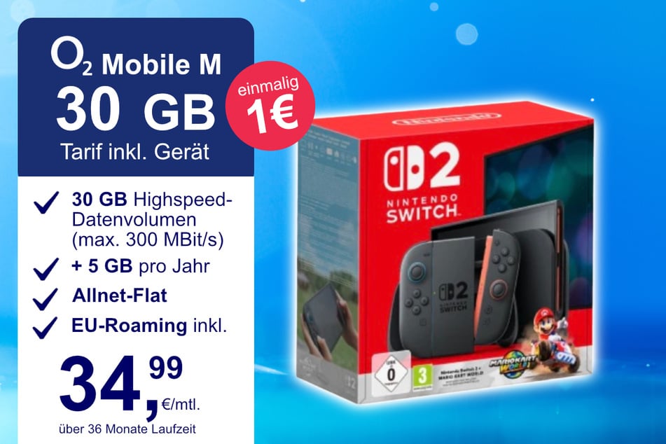 Die Nintendo Switch 2 plus Mario Kart World im o2 Mobile M inkl. 30 GB+ für einmalig nur 1 Euro.