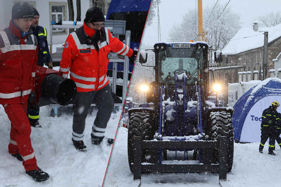 Schneechaos behinderte auch am Sonntag die Arbeiten des THW am Lahmann-Sanatorium.