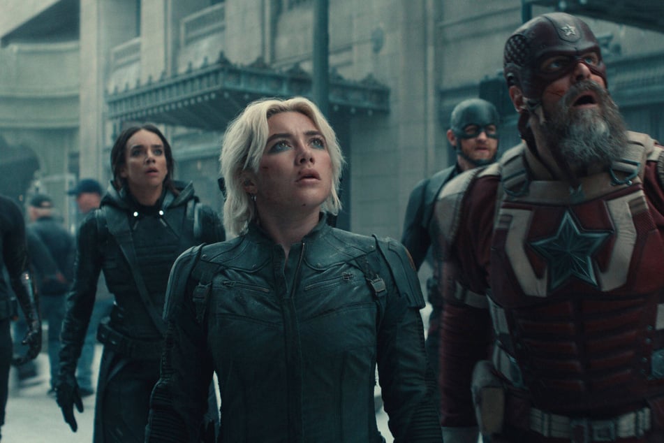 Florence Pugh (c.) and David Harbor (r.) take on the villain Sentry/Void in Marvel Cinematic Universe's next superhero flick, Thunderbolts*.