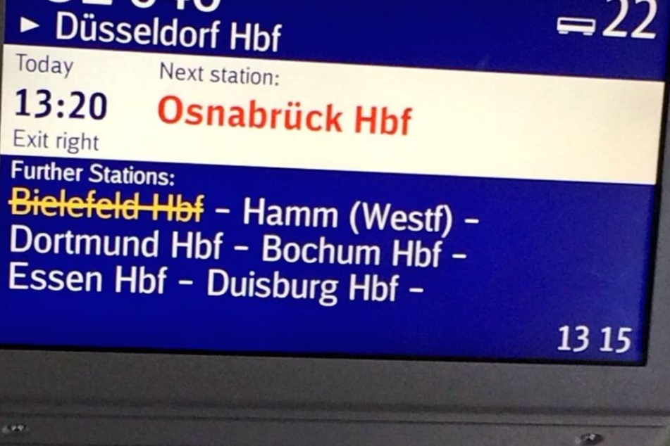 Im ICE von Leipzig nach Düsseldorf wurde der Halt in Bielefeld direkt komplett gestrichen.