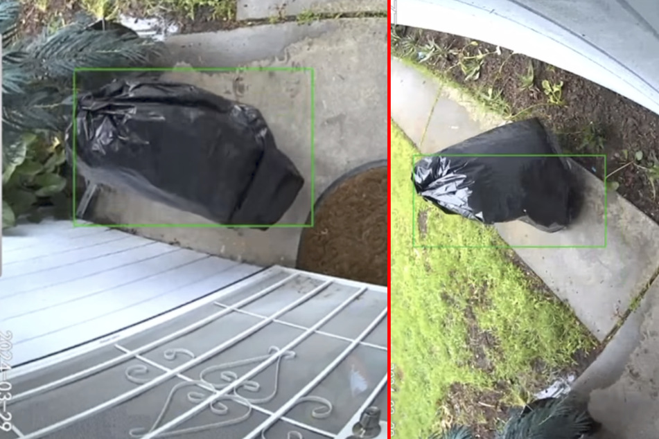 The thief, disguised by the garbage bag, stole a package recently delivered to the home.