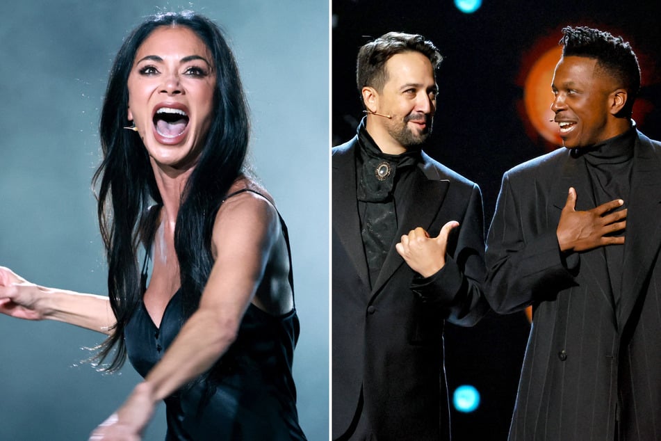 Nicole Scherzinger (l.) sang Sunset Boulevard's As If We Never Said Goodbye, while the cast of Hamilton reunited for an epic anniversary medley.