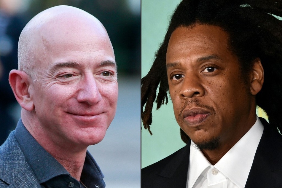 Jeff Bezos (l) and Jay-Z reportedly met for dinner in LA Monday night sparking the rumors of the duo possibly partnering to purchase the Washington Commanders.