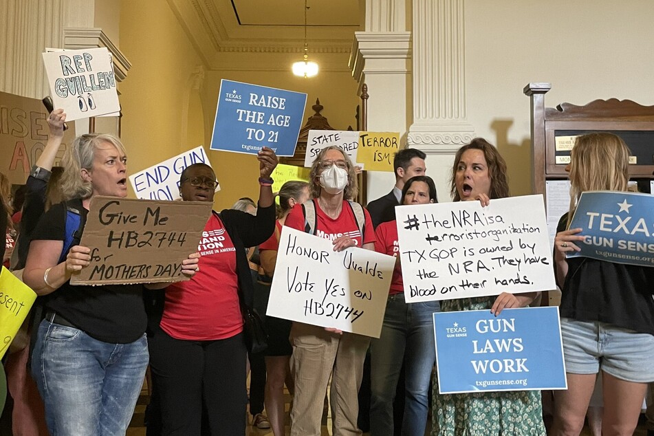 Activists from Moms Demand Action and other groups rallied in the Texas Capitol rotunda to demand lawmakers raise the age to buy semiautomatic rifles.