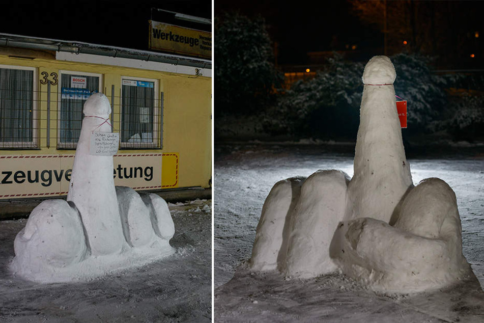 An der Rathenaustraße prangt ein Mix aus Schneepenis und Stinkefinger-Hand.