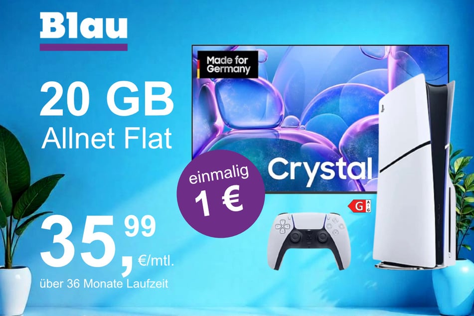 Der 65-Zoll Samsung Crystal UHD Smart-TV plus PS5 Digital Slim Edition im Blau Allnet M inkl. 20 GB für einmalig nur 1 Euro.