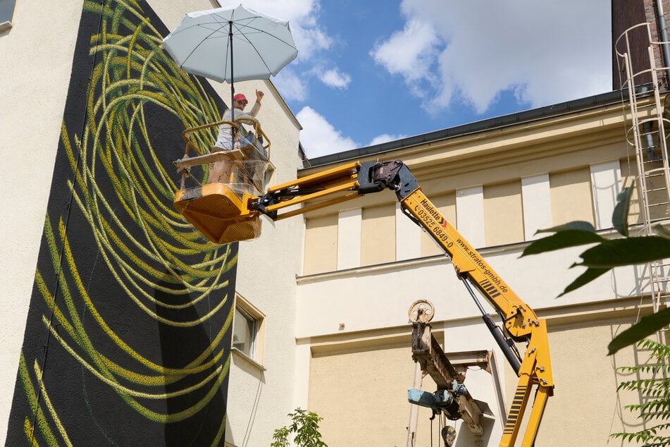 Mit einem Hubwagen lässt sich Künstler Thiago Alvim zur Arbeit an der Fassade nach oben fahren.