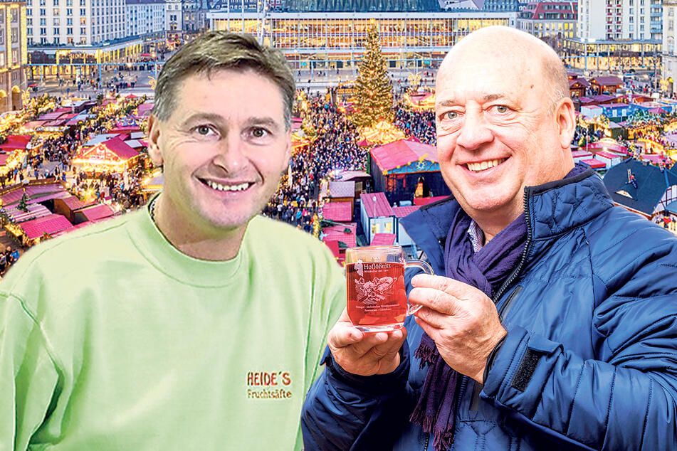 Jörg Hahn (62, r.) bleibt an seinem Hoflößnitz-Stand beim Glühwein-Preis von 4,50 Euro. Der Chef der Obstkelterei Heide, Tino Walcha (55, l.), geht optimistisch ins Jahresendgeschäft.