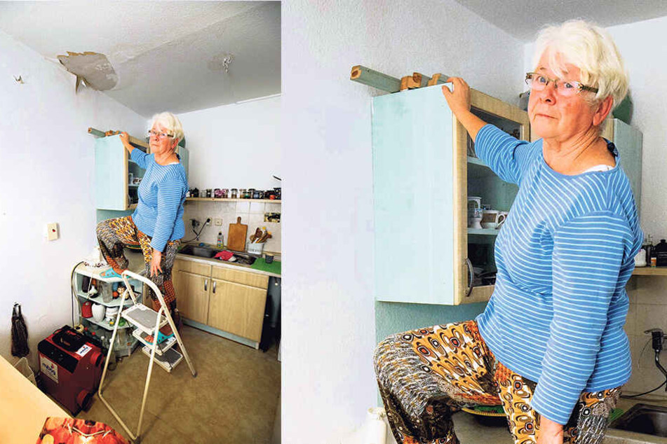 Sieglinde Hilscher (74) in ihrer Küche, die nach dem Wasserrohrbruch seit Tagen einer Baustelle gleicht.
