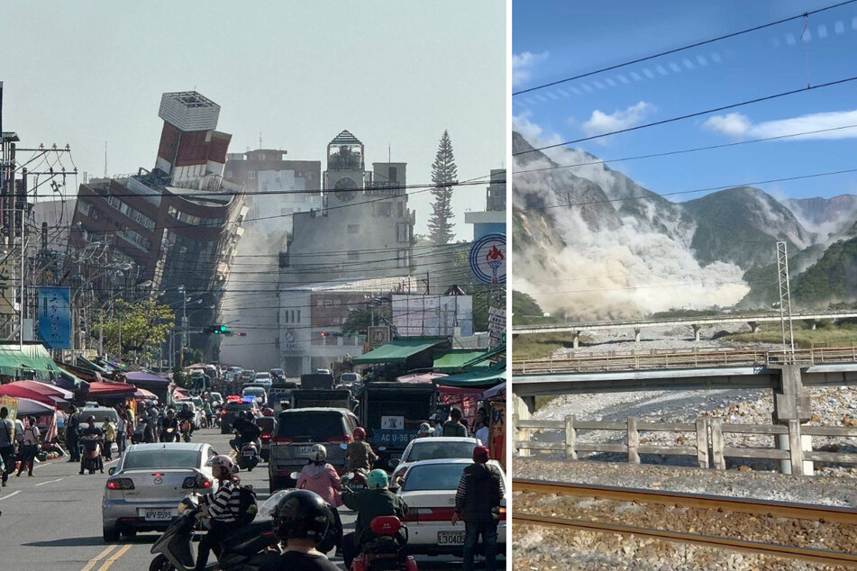 Buildings are damaged (l.) and a landslide forms in Hualien, Taiwan, after a 7.4-magnitude earthquake struck the island.