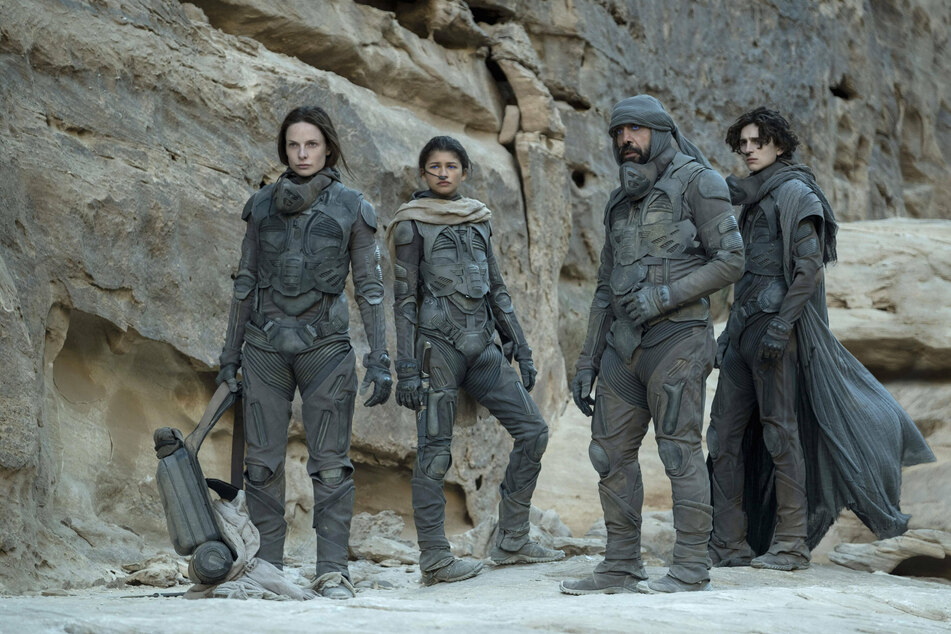From l to r: the cast of Dune: Rebecca Ferguson, Zendaya, Javier Bardem, and Timothee Chalamet.