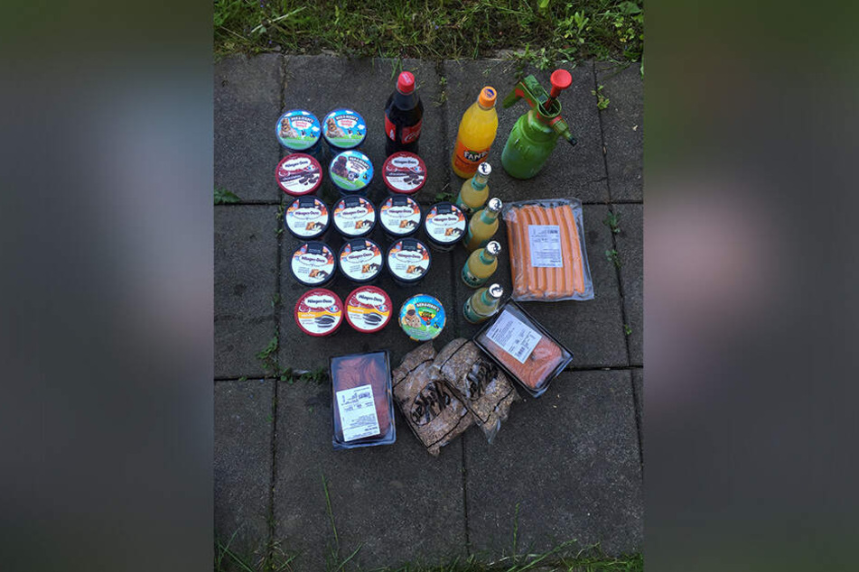 Die kalorienreiche Beute: Eis, Wurst, Schokostreusel und Limo.