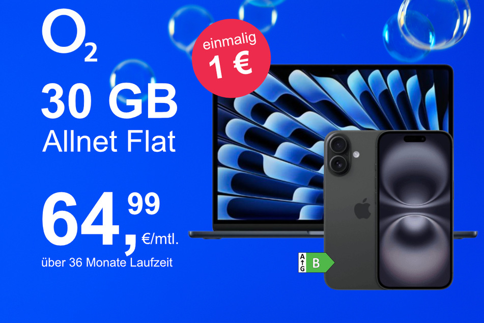 Das iPhone 16 + MacBook Air 13 im o2 Mobile M für einmalig 1 Euro.