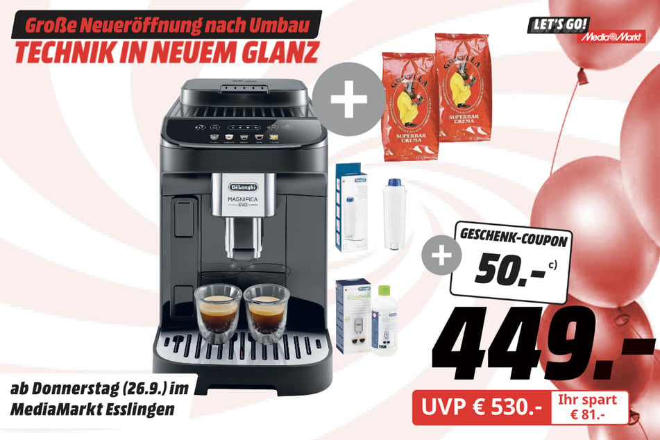 DeLonghi-Kaffeevollautomat PLUS Zubehör für 449 Euro PLUS 50-Euro-Coupon.