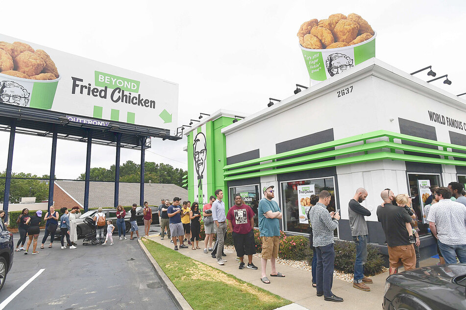 People stood in line in Atlanta to snag a bucket of Beyond Fried Chicken.